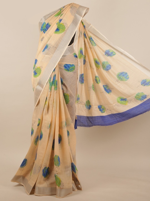 

Pothys Beige & Blue Floral Printed Zari Border Saree