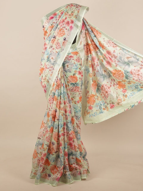 

Pothys Green & Pink Floral Printed Linen Blend Saree