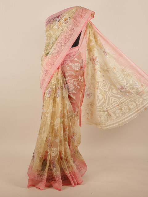 

Pothys Cream-Coloured & Pink Floral Jute Silk Saree