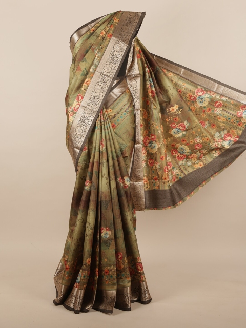 

Pothys Green Floral Printed Zari Jute Silk Saree