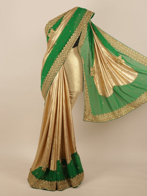 

Pothys Gold-Toned & Green Embellished Beads and Stones Saree