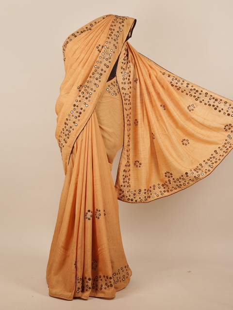 

Pothys Beige & Brown Floral Mirror Work Jute Silk Saree