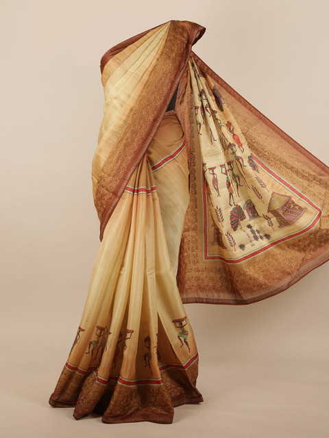 

Pothys Cream-Coloured & Brown Woven Design Jute Silk Saree