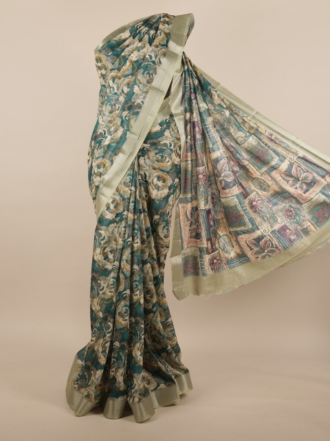 

Pothys Teal & Cream-Coloured Floral Linen Blend Saree