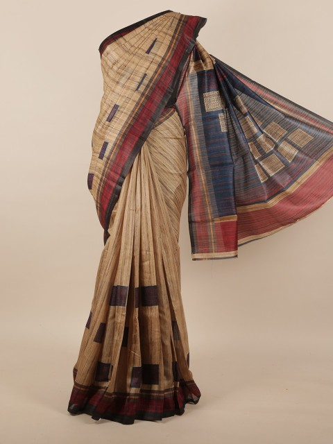 

Pothys Tan Brown & Maroon Printed Jute Silk Saree