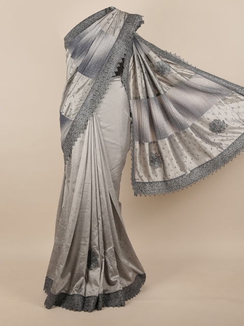 

Pothys Grey & White Floral Beads and Stones Jute Silk Saree