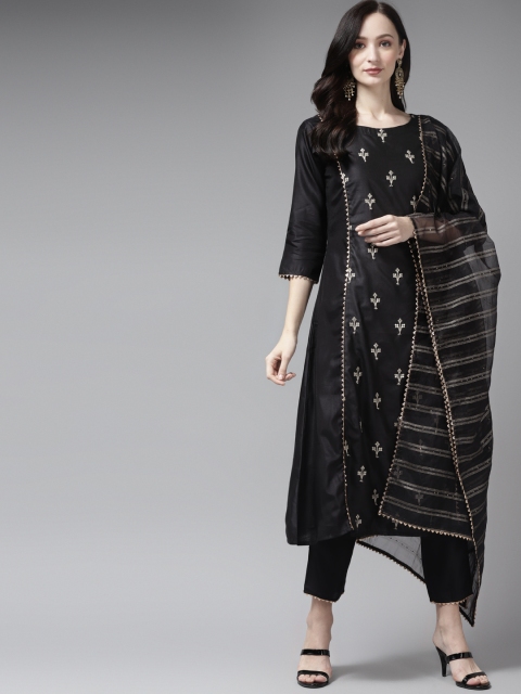 

Indo Era Women Black Embroidered Panelled Gotta Patti Liva Kurta with Trousers & Dupatta