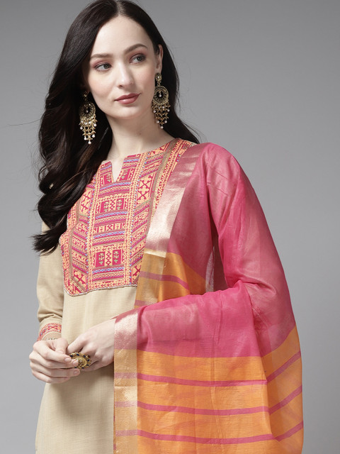 

Indo Era Women Beige Yoke Design Regular Gotta Patti Kurta with Palazzos & Dupatta