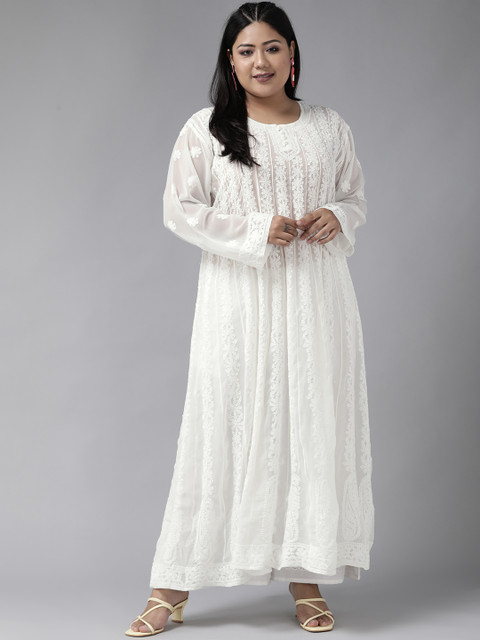 

ADA Women Plus Size White Chikankari Embroidered Sustainable Georgette A-Line Kurta