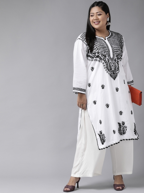 

ADA Women White & Black Ethnic Motifs Chikankari Sustainable Straight Kurta