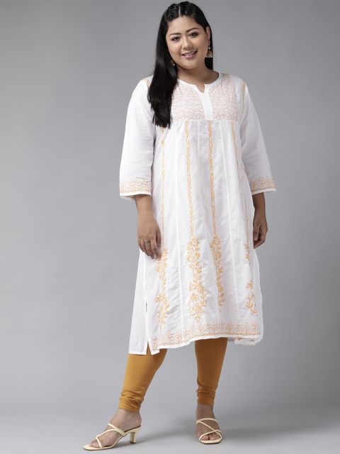 

ADA Women Plus Size White & Yellow Ethnic Motifs Pure Cotton Chikankari Embroidered Kurta