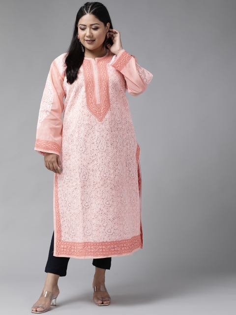 

ADA Women Plus Size Peach-Coloured & White Ethnic Chikankari Embroidered Pure Cotton Kurta