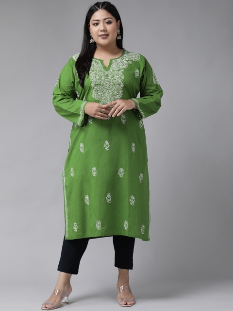 

ADA Women Plus Size Green & White Ethnic Motifs Pure Cotton Chikankari Embroidered Kurta