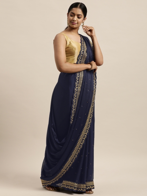 

Sugathari Navy Blue & Gold-Toned Embellished Beads and Stones Silk Blend Jamdani Saree