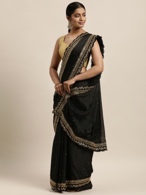 

Sugathari Black & Gold-Toned Embellished Beads and Stones Silk Blend Jamdani Saree