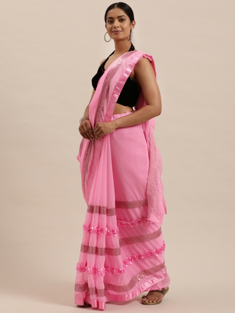 

Sugathari Pink Embellished Patchwork Heavy Work Jamdani Saree