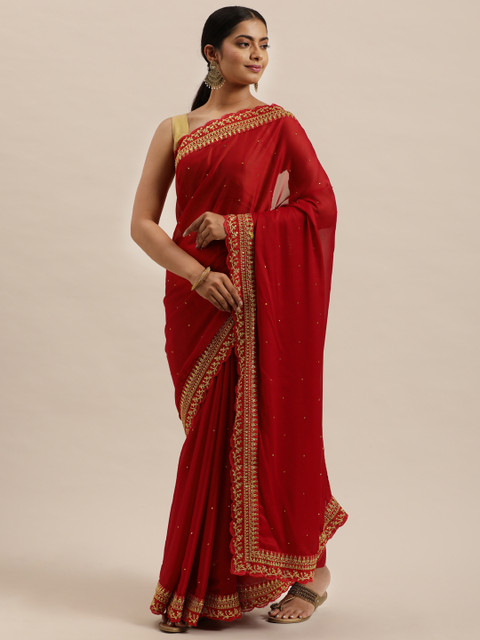 

Sugathari Red Embellished Beads and Stones Silk Blend Jamdani Saree