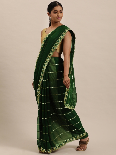 

Sugathari Green & Gold-Toned Sequinned Jamdani Saree