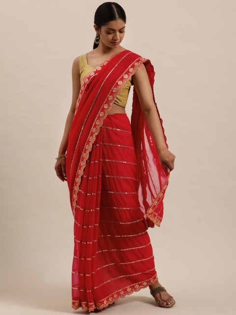 

Sugathari Red & Gold-Toned Sequinned Jamdani Saree