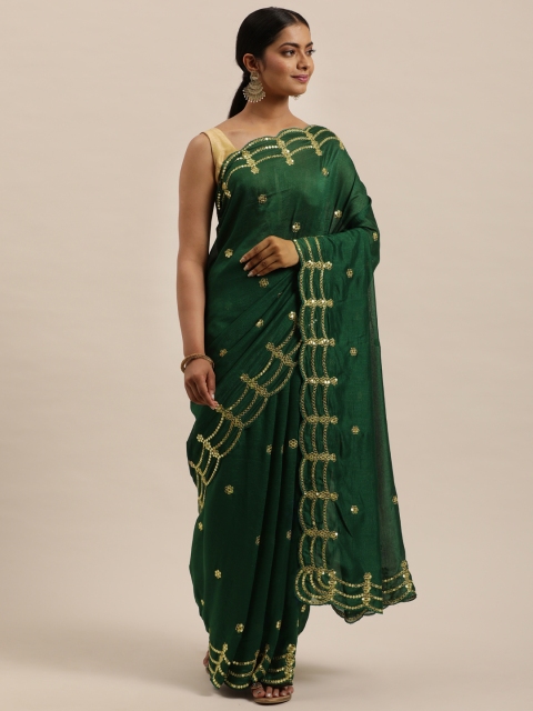 

Sugathari Green Embellished Sequinned Silk Blend Jamdani Saree