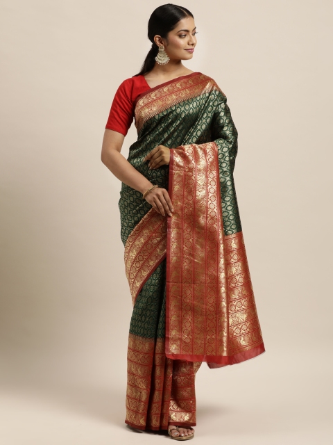 

Sugathari Green & Red Woven Design Silk Blend Kanjeevaram Saree