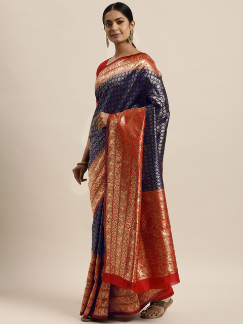 

Sugathari Blue & Red Woven Design Silk Blend Banarasi Saree