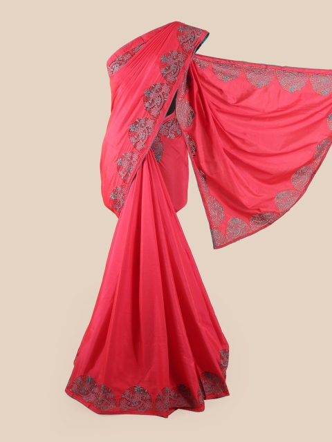 

Pothys Pink & Blue Floral Embroidered Art Silk Saree