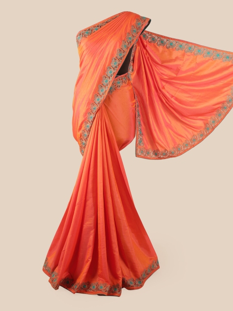 

Pothys Orange Embroidered Art Silk Saree