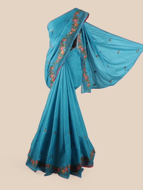 

Pothys Blue & Pink Floral Embroidered Art Silk Saree