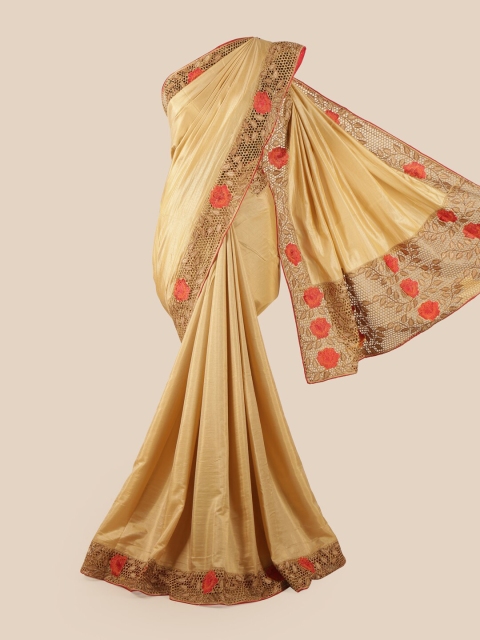 

Pothys Cream-Coloured & Pink Embroidered & Cut Work Art Silk Saree