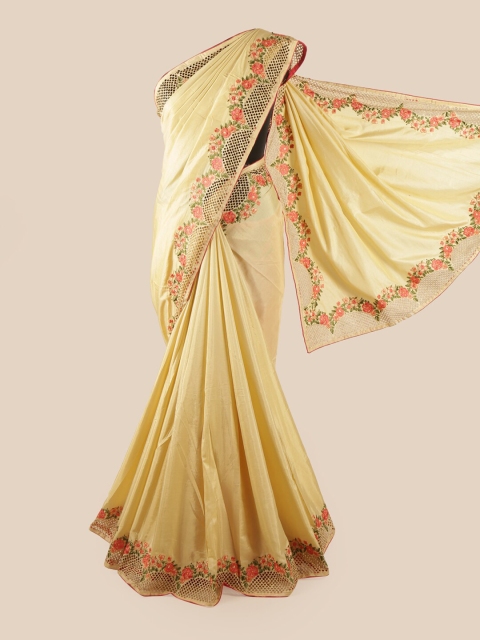 

Pothys Cream-Coloured & Pink Embroidered & Cut Work Art Silk Saree