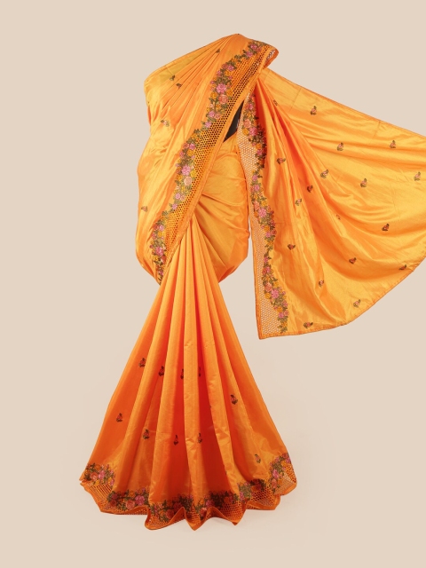 

Pothys Yellow & Pink Floral Embroidered Art Silk Saree