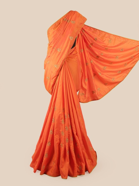 

Pothys Orange & Gold-Toned Ethnic Motifs Embroidered Art Silk Saree