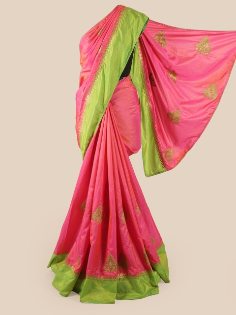 

Pothys Pink & Green Ethnic Motifs Embroidered Art Silk Saree
