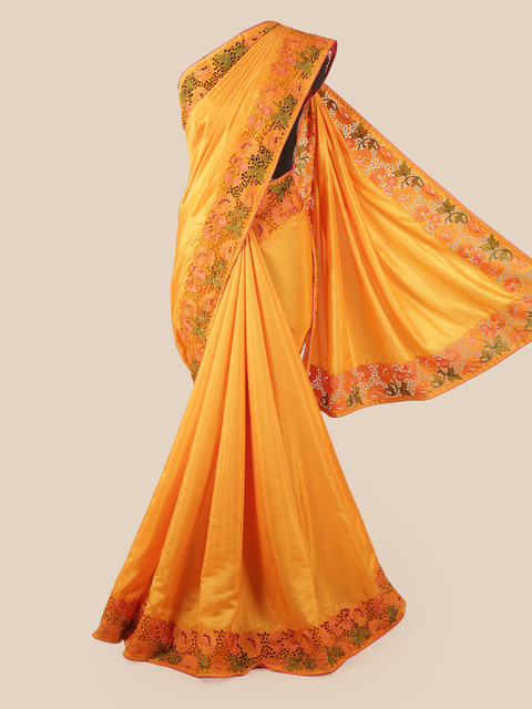 

Pothys Yellow & Pink Embroidered Art Silk Saree