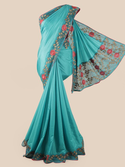 

Pothys Blue & Pink Embroidered & Cut Work Art Silk Saree
