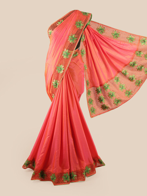 

Pothys Peach-Coloured & Green Embroidered & Cut Work Art Silk Saree