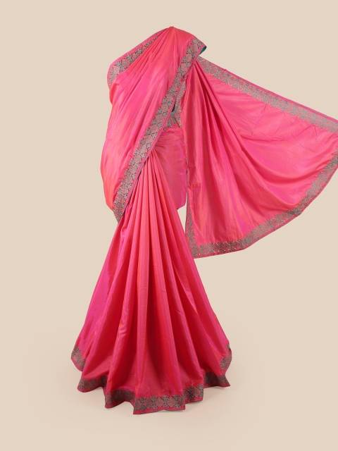 

Pothys Pink & Blue Jaali Border Sana Art Silk Saree