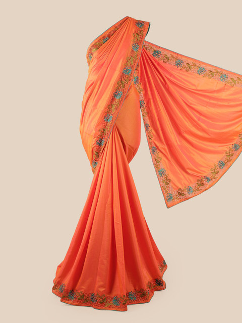

Pothys Peach-Coloured & Blue Embroidered Art Silk Saree