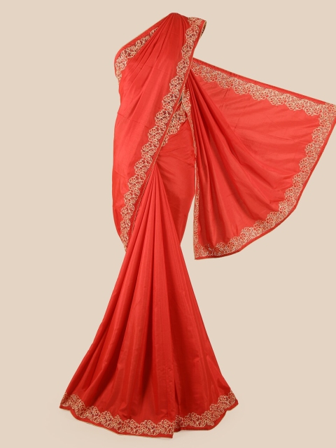 

Pothys Red & Beige Embroidered Cut Work Art Silk Saree