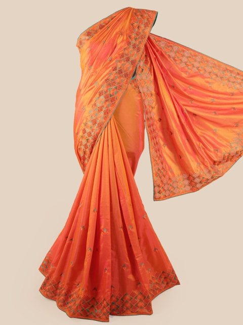 

Pothys Orange & Green Ethnic Motifs Embroidered Art Silk Saree