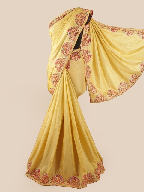 

Pothys Cream-Coloured & Red Embroidered & Cut Work Art Silk Saree