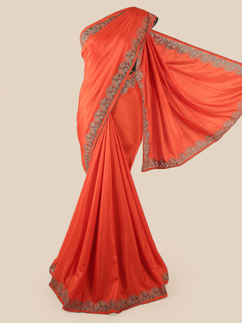 

Pothys Orange & Blue Embroidered Art Silk Saree