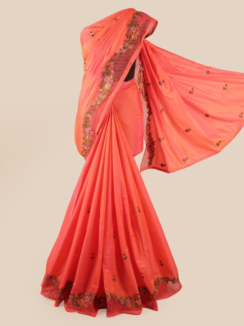 

Pothys Peach-Coloured & Green Floral Embroidered Art Silk Saree