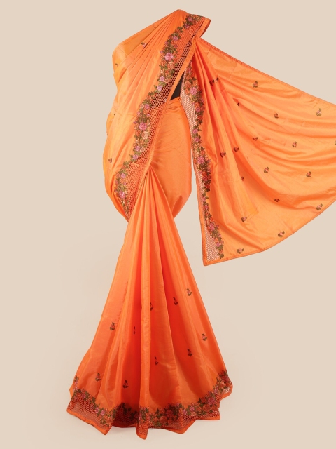 

Pothys Orange & Green Floral Embroidered & Cut Work Art Silk Saree