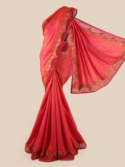 

Pothys Pink & Green Embroidered Art Silk Saree