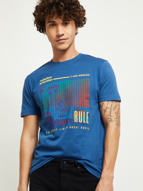 

max Men Blue Pure Cotton Graphic Printed Pure Cotton T-shirt