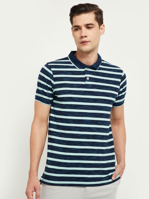 

max Men Blue & Navy Blue Striped Polo Collar T-shirt