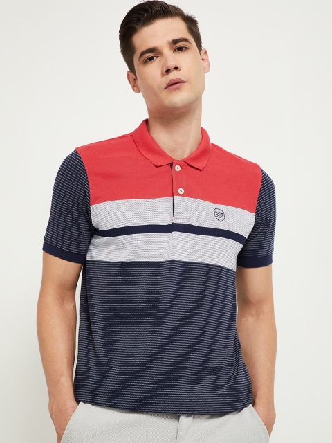 

max Men Blue Striped Polo Collar T-shirt