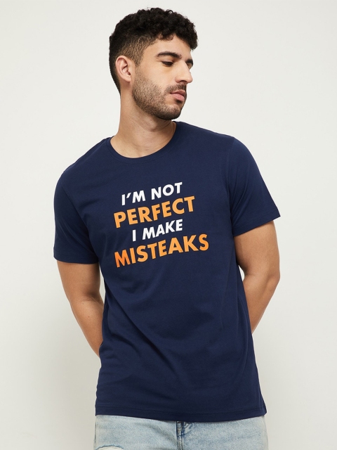 

max Men Navy Blue White Typography Printed Pure Cotton T-shirt